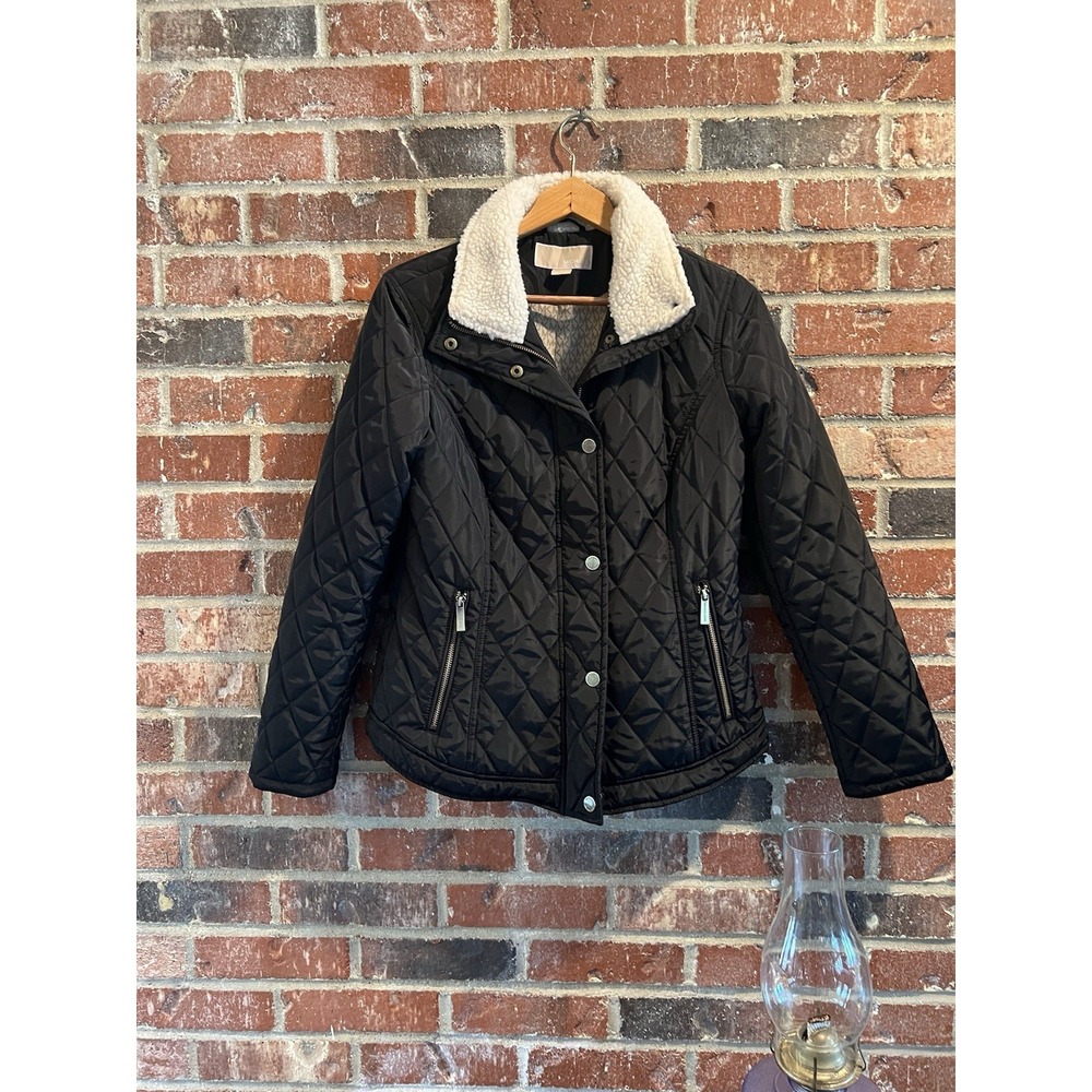 Michael Kors Womens Quilted Jacket Black Sherpa Trim Lined Pockets Zip S Classic